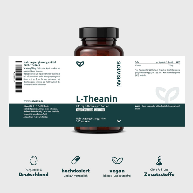 [Australia] - SOLVISAN L-Theanine capsules - IMPORTANT: Study dosage of 200 mg per day - 200 capsules - No additives 