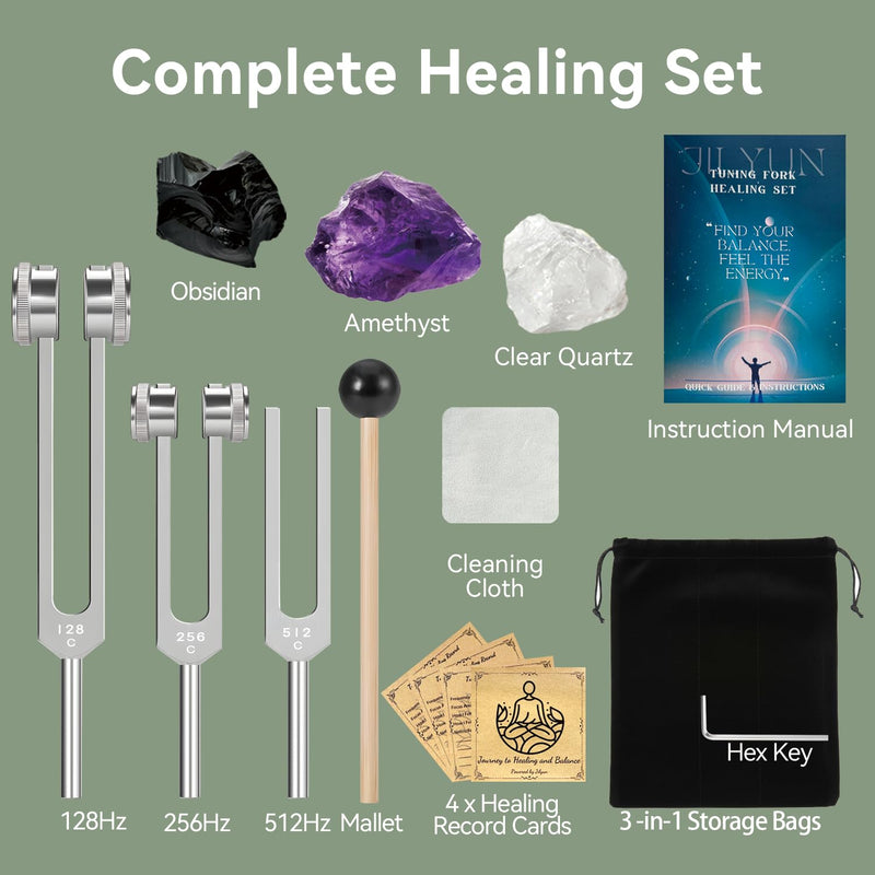 [Australia] - Tuning Forks for Healing Set with Crystals - 128Hz, 256Hz, 512Hz for Sound Healing, Meditation Accessories & Yoga, Include Obsidian, Amethyst, Clear Quartz, Gift Box Silvery 