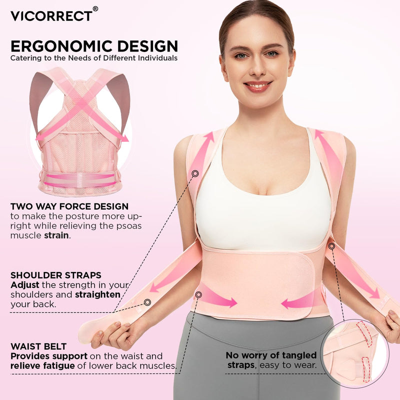 [Australia] - Vicorrect Posture Corrector for Women and Men: Back Support Brace Relieve Upper Back Shoulders Pain (Pink, Medium) Pink 