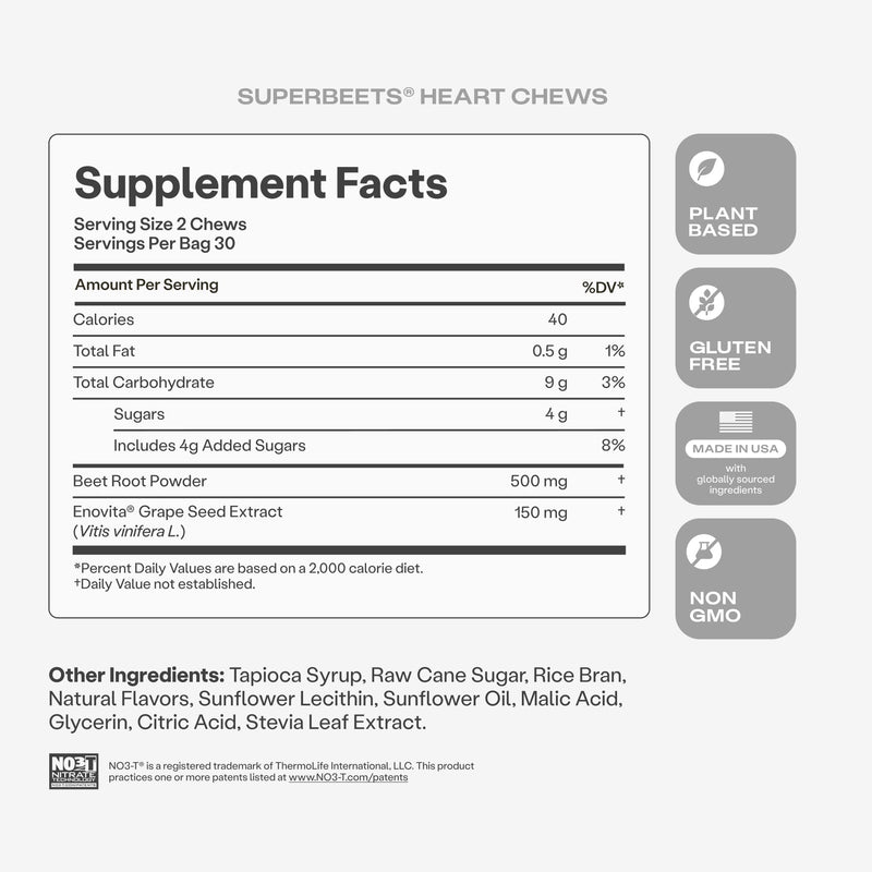 HumanN SuperBeets Heart Chews, Beet Root Powder Support Energy Supplement, Nitric Oxide and Blood Pressure Support, Grape Seed Extract & Non-GMO, Heart Health, Pomegranate Berry Flavor, 60 Count 60 Count (Pack of 1)
