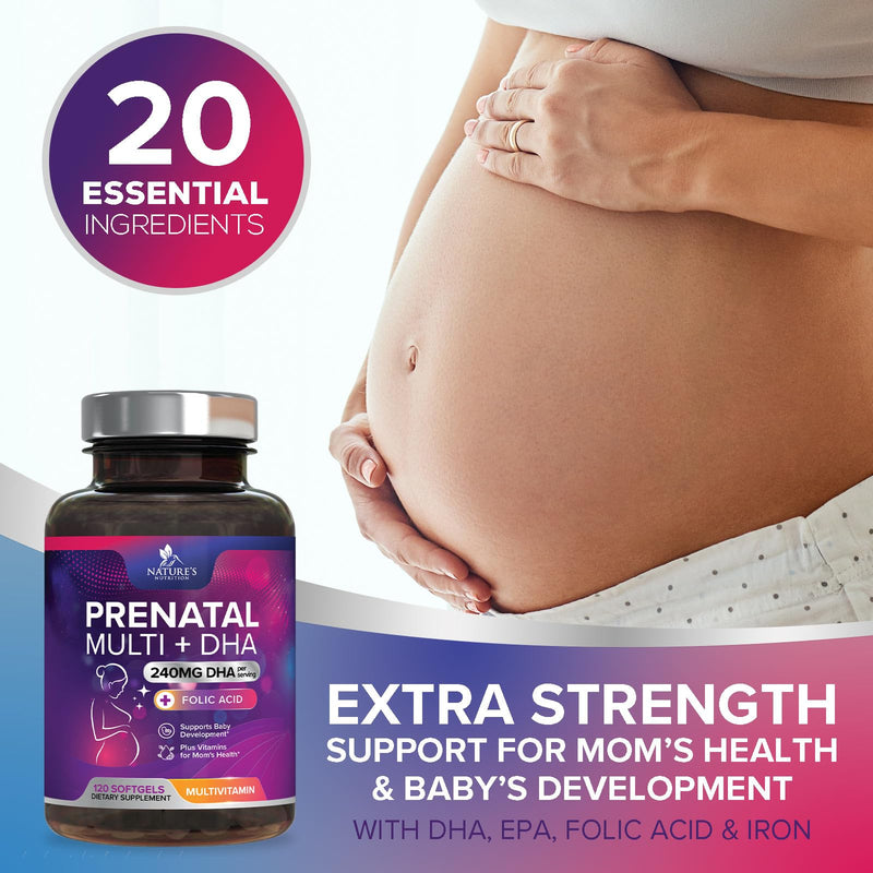 Prenatal Vitamins for Women with Folic Acid + Omega 3 DHA for Fetal Brain Development, Best Prenatal Vitamin Supplement, Daily Pregnancy Multivitamin Nutritional Support, Non-GMO - 120 Softgels 120 Count (Pack of 1)