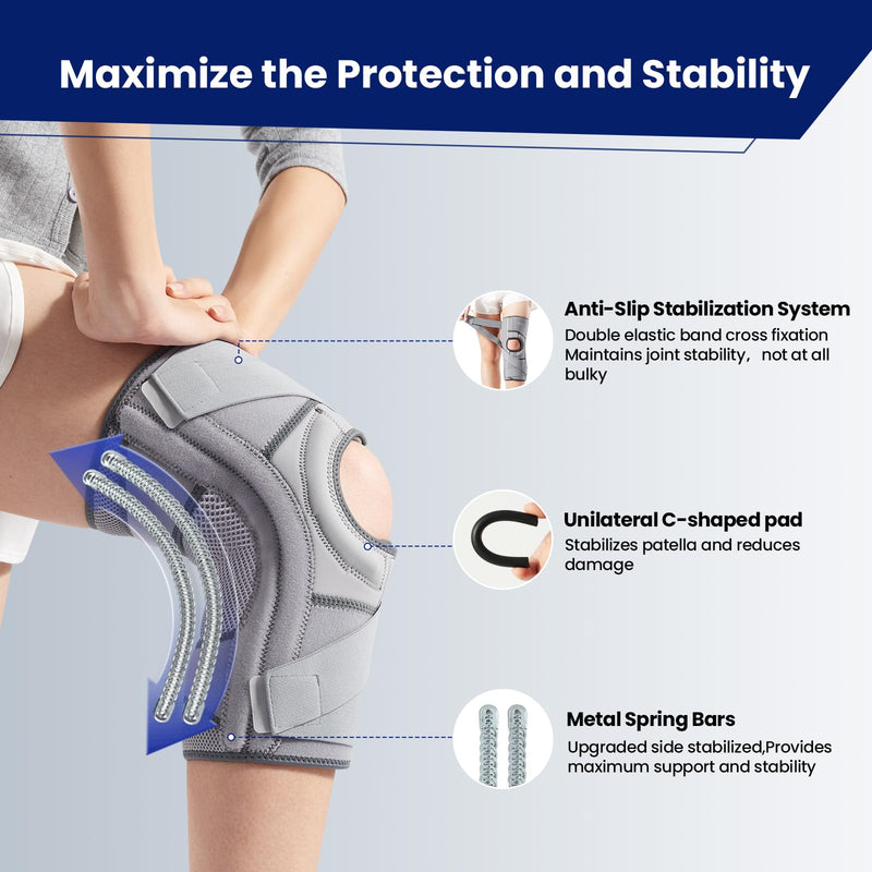 Galvaran Knee Brace for Meniscus Tear:Adjustable Knee Support for Maximum Knee Pain,Side Stabilizers for Injury or Surgery Recovery - Men and Women Gray-Left Medium