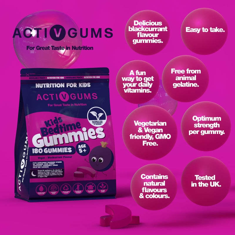 Kid's Bedtime 180 Vegan Gummies | Blackcurrant Flavour | Melatonin & 5HTP Free Contains Vitamin B6, Montmorency Cherry, Chamomile | Resealable & Recyclable Pouch | Suitable for Ages 5+ By ActivGums® 180 count (Pack of 1)