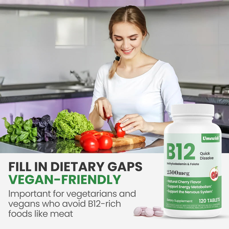 Vitamin B12 Methylcobalamin Sublingual 2500 mcg(4-Month Supply) | With Folic Acid Under Tongue Cherry Flavor for Cellular Energy Support, Energy Metabolism, Nervous System Health