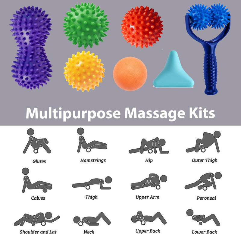 [Australia] - Massage Ball Set for Myofascial Trigger Point Release & Deep Tissue Massage, Kit of 7-3 Sizes Spiky Massage Balls, Peanut Ball, 1 Hand Roller Ball,1 Trigger Point Massager,1 Massage Lacrosse Ball 
