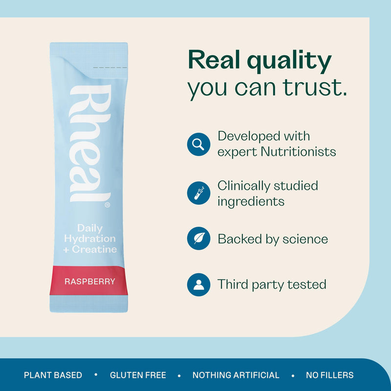 Rheal Hydration + Creatine Sachets, 28 Day Pack, Ready to Mix, Sugar Free Electrolytes & Vitamins, Daily Hydration, Energy, Focus, Performance & Recovery – Raspberry 28 Pack