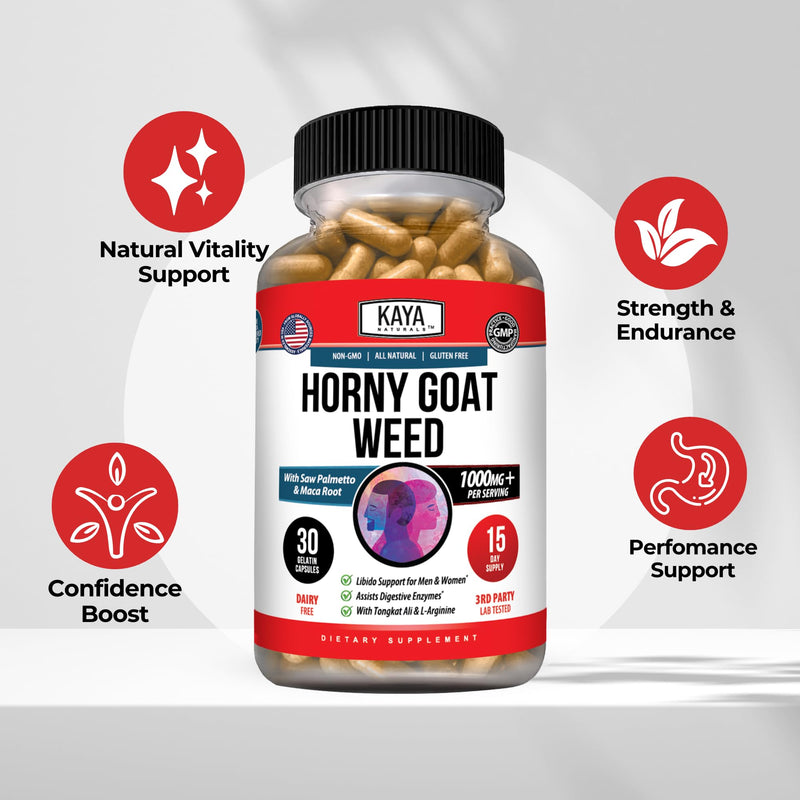 Kaya Naturals Horny Goat Weed Extract, 30 Count | Maca, Extra Strength Complex, Saw Palmetto Ginseng, Arginine Vitamin Supplement 30 Count (Pack of 1)