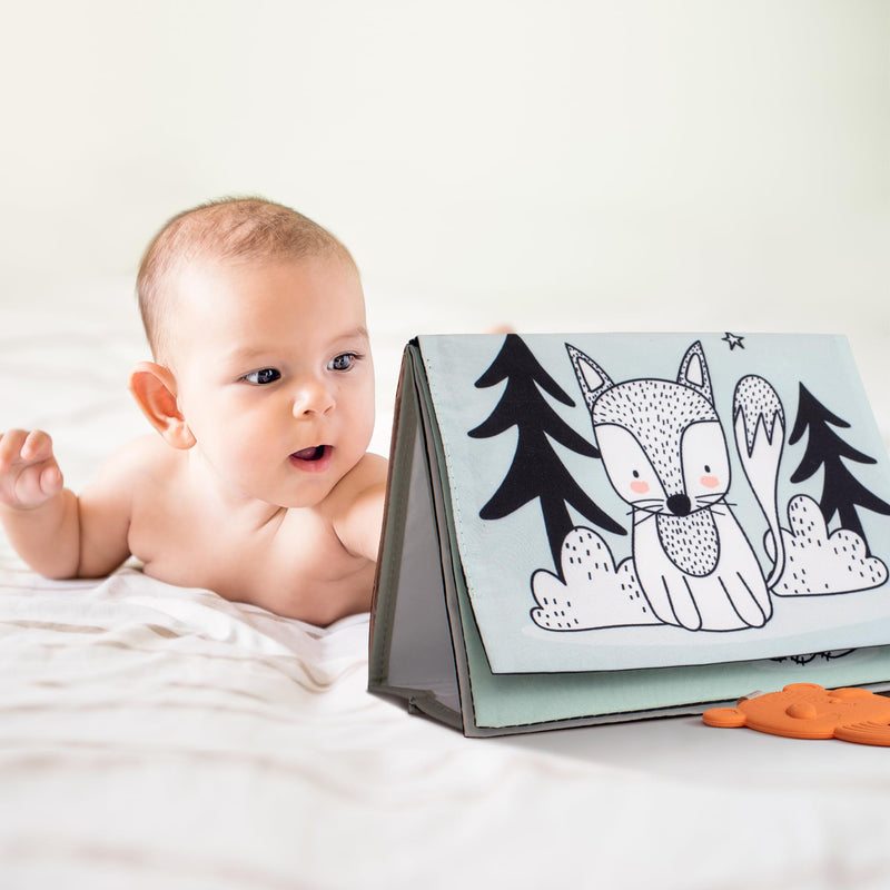 Soft Tummy Time Book w/ Large Stimulating Baby Safe Mirror - Fun High Contrast Montessori Toy w/ Mirror, Crinkle Filling & Silicone Teether - The Perfect Toy For Safe Early Newborn/Infant Development