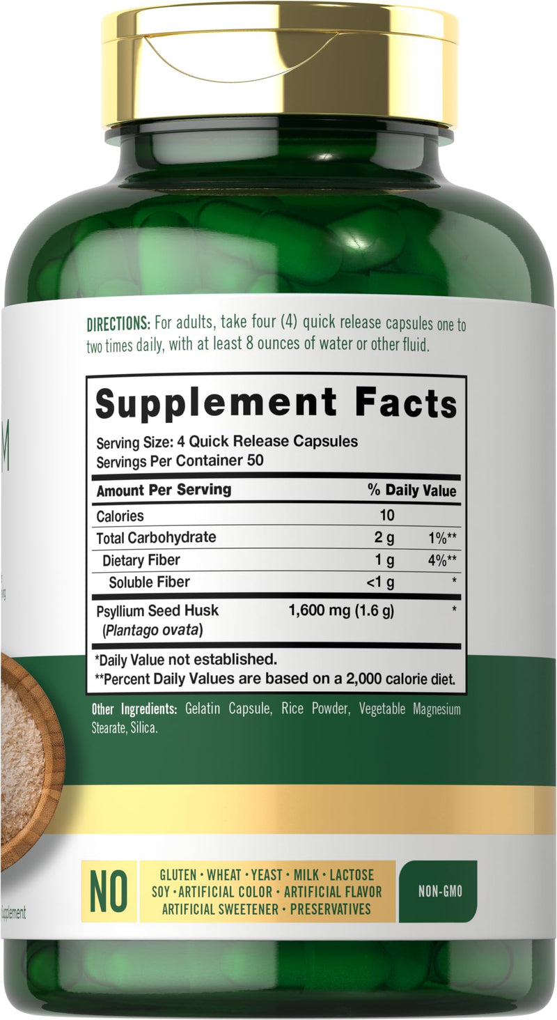 [Australia] - Carlyle Psyllium Husk Capsules 1600mg | 200 Count | High Potency Fiber Supplement | Non-GMO, Gluten Free 