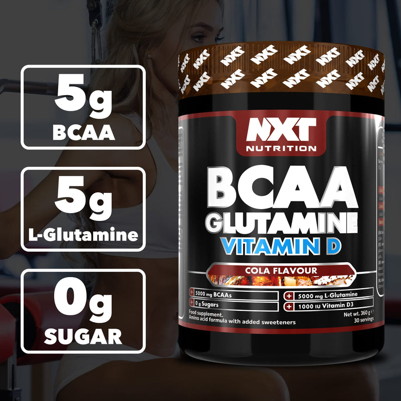 NXT Nutrition BCAA, Glutamine & Vitamin D | BCAAs Amino Acids with Vitamin D3 and L-Glutamine - for Recovery, Gut Health and Muscle Protein Synthesis | 360g - 30 Servings (Cola)