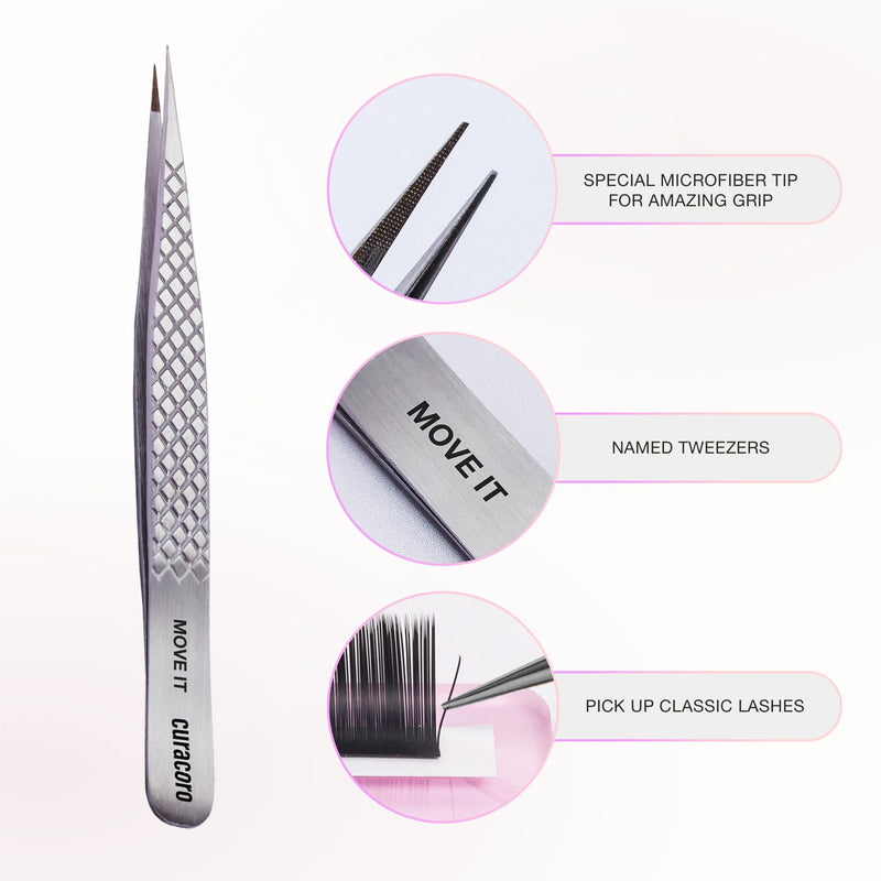 Curacoro Lash Tweezer - Professional & Precision Fiber Tip Grip Lash Tweezers for Eyelash Extensions, Multi Shapes & Purposes Tweezers for Volume, Isolation & Classic Lashes (Silver, Move It) Silver Move It | Classic