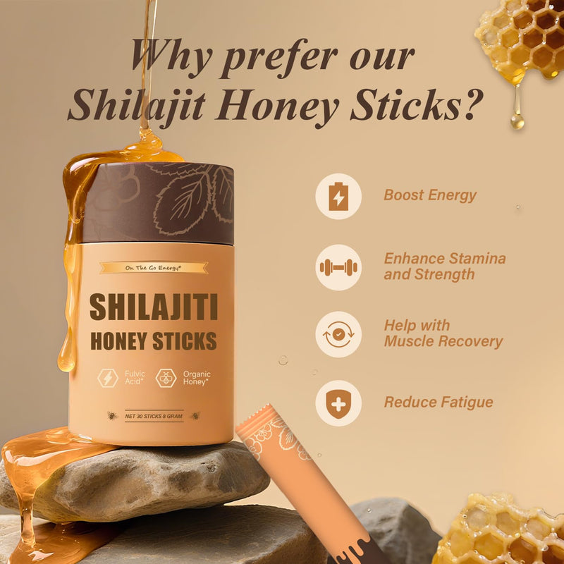 Shilajit Honey Sticks for Men | 100% Pure Himalayan Shilajit Resin with Fulvic Acid | 85+ Trace Minerals for Energy and Immunity Boosting | 30 Sticks (Honey Sticks)