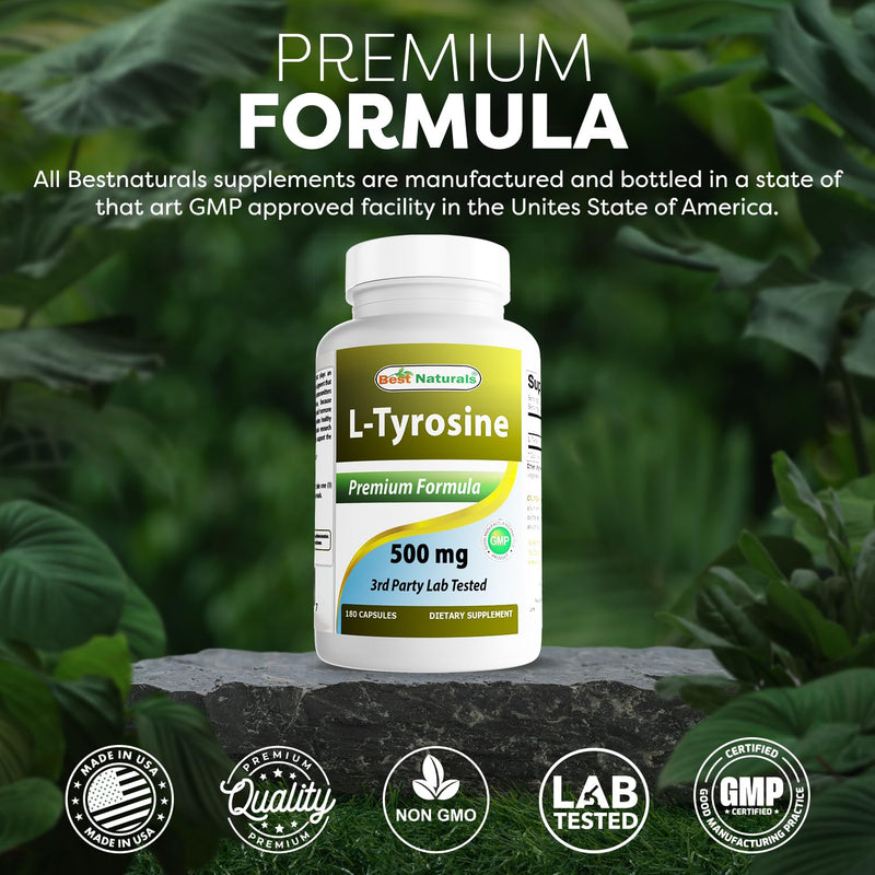 [Australia] - Best Naturals L-Tyrosine 500 Mg 180 Capsules - Supports Mental Alertness, Energy, Focus, Healthy Glandular Function and Balance 180 Count (Pack of 1) 