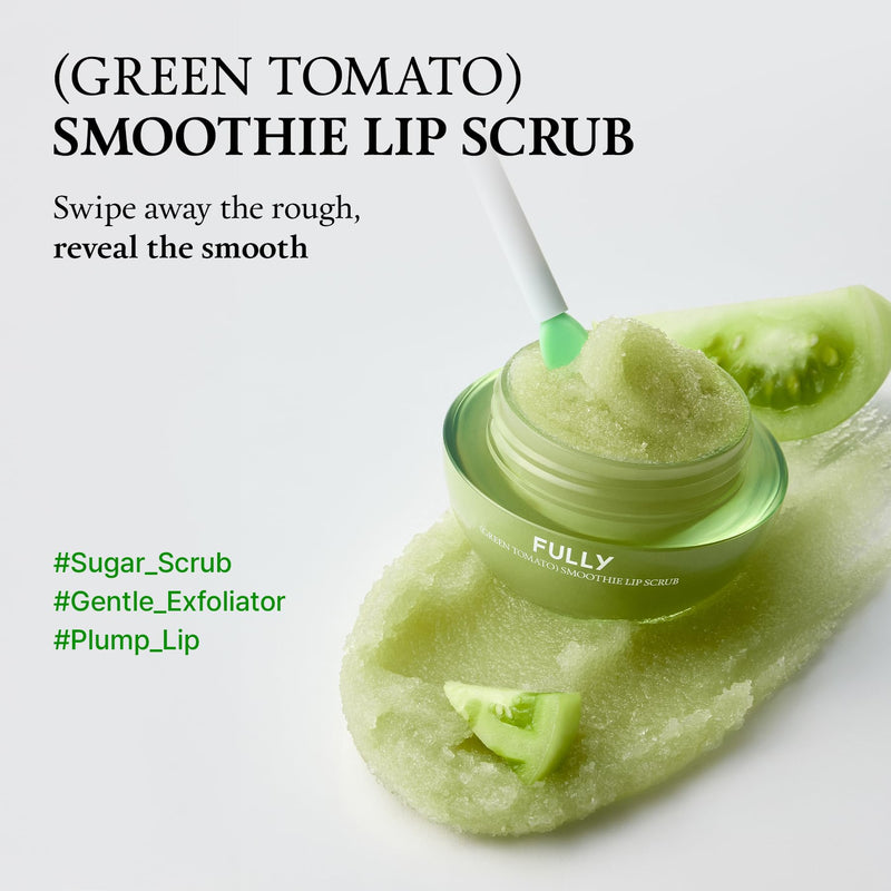 [Australia] - FULLY Green Tomato Smoothie Sugar Lip Scrub, Gentle Lip Exfoliator with Organic Sugar & Tomato Seed Oil for Smooth, Hydrated Lips, Vegan Daily Lip Polish for Dry, Flaky Lips, Korean Skincare, 0.42 oz 