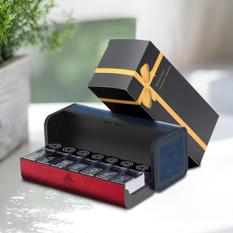 Medicine Pill Organizer, 7 Day AM PM Pill Box 2 Times a Day, Travel Leather Pill Case, Pressing The Double Opening, Holds Medication Vitamins Fish Oil and Supplements (Red and Blue) Red and Blue