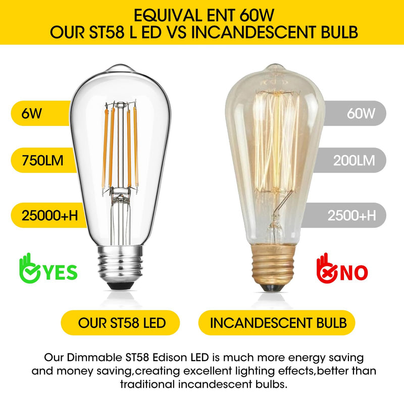 [Australia] - Vintage LED Edison Bulbs 6W, Equivalent 60W Incandescent, Warm White 2700K, ST58 Antique LED Filament Bulbs with 90+ CRI, E26 Medium Base,Dimmable, Clear Glass, Pack of 6 6 Count (Pack of 1) 