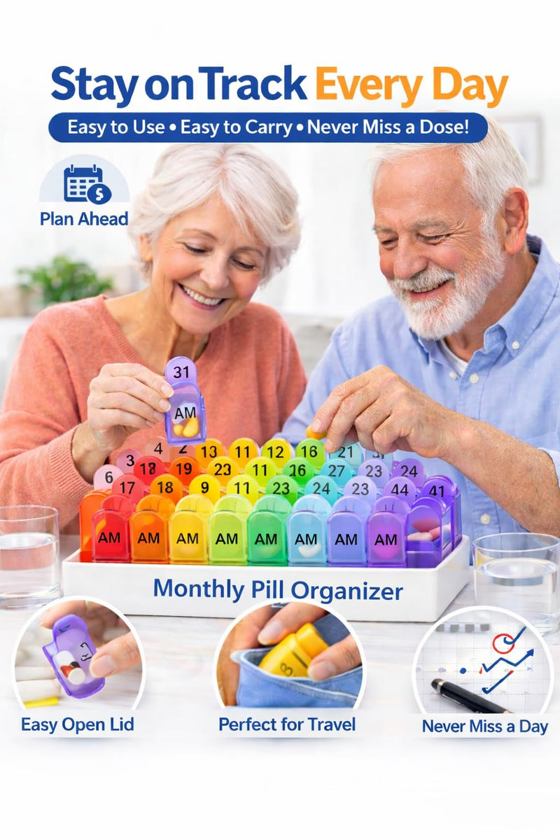 Monthly Pill Organizer Monthly 31 Day AM PM – Pill Sorter Monthly with Large Compartments, 2 Times Pill Container,Monthly Pill Holder for Vitamins, Supplements & Daily Medication