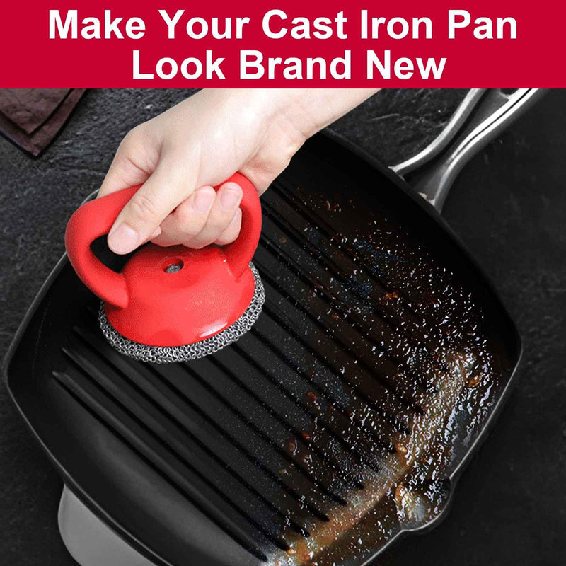 [Australia] - Cast Iron Scrubber, 316 Stainless Steel Chainmail Scrubber with Handle, Chain Mail Scrubber Cast Iron for Cleaning Cast Iron Skillets, Pans,Griddles, Frying Pans, Cast Iron Cookware Standard Red 