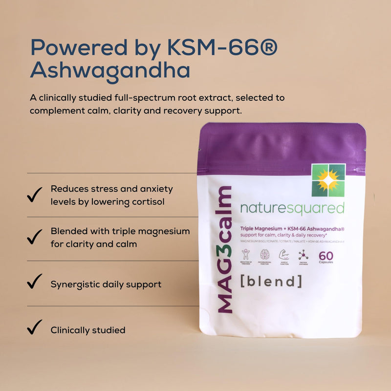MAG3calm Triple Magnesium+KSM-66® Ashwagandha - 274mg Unbuffered - Magnesium Bisglycinate, Citrate & Malate - Sleep, Fatigue, Mood & Muscle Recovery - 60 Capsules - 2 Month Supply - Non GMO - UK Made