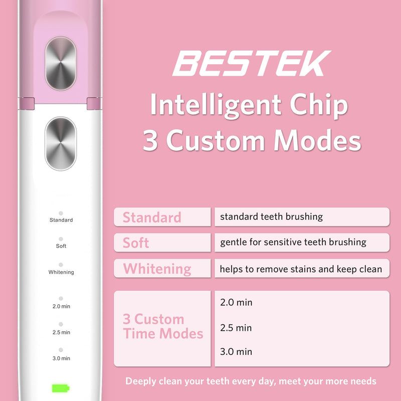 [Australia] - BESTEK Sonic Electric Toothbrush with IPX67 Waterproof, Powerful Cleaning Rechargeable Toothbrush with Multiple Modes & Smart Timer, 2 Replacement Brush Head & 1 Travel Case - Pink 