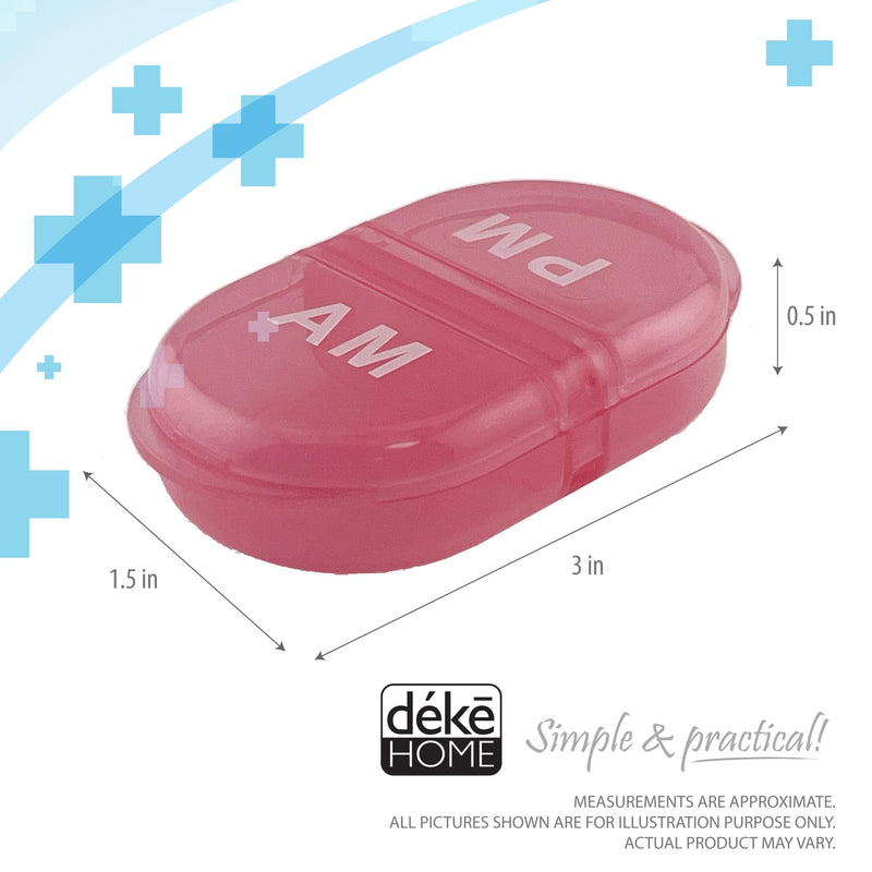 Deke Home - Pill Organizer AM PM, 2 Compartment Pill Box for Pocket or Purse, Small Daily Medicine Case, Travel Pill Holder, Easy Open Pill Container for Seniors, Vitamins & Supplements (Pink) Pink