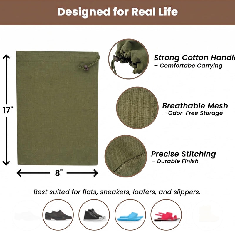 LFH Cotton Shoe Storage Bags with Drawstring, Breathable Dustproof Reusable Shoe Organizer for Travel, Gym, Dorm, Hotel, Machine Washable Easy Carry 8"x17" (Pack of 6), Military Green 8"x17" (Pack of 6)