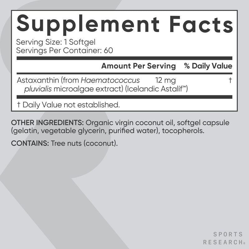 Sports Research® Icelandic Astaxanthin 12mg w/Coconut Oil, 60 Softgels | Triple Strength Antioxidant Supplement for Skin & Eye Health Support* | Soy-Free, Non-GMO, Gluten-Free