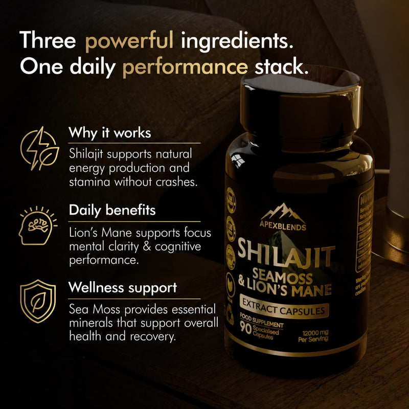 3-in-1 Shilajit, Seamoss and Lions Mane Capsules - High Strength 12000mg Lion's Mane Shilajit and Irish Sea Moss | Fulvic Acid, Organic Sea Moss | Supplements for Men and Women | 90 Vegan Capsules