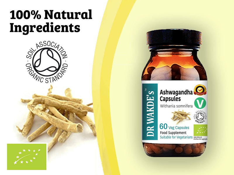 DR WAKDE’S Organic Ashwagandha Capsules (Withania somnifera), 60 Veg Caps, Plant-Based Supplement, Made in UK, Vegan, All Natural