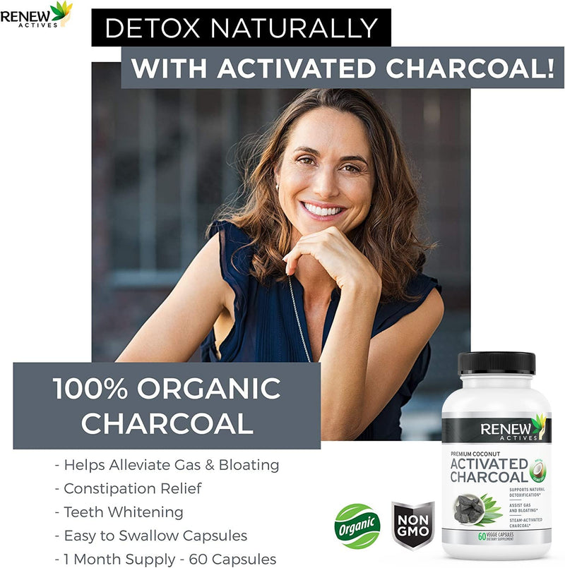 Renew Actives Activated Charcoal Supplement 1100MG per 2 Capsules - Digestive Support & Teeth Whitening Formula, No Artificial Ingredients - Made in Canada - 60 Capsules