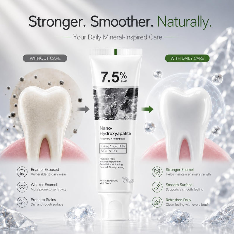 7.5% Hydroxyapatite Toothpaste for Enamel Protection, Fluoride-Free Formula with Gentle Mint, for Sensitive Teeth, Daily Protection, Long-Lasting Fresh Breath, 4.23 Oz (Grey，2PC) Grey 4.23 Fl Oz (Pack of 2)