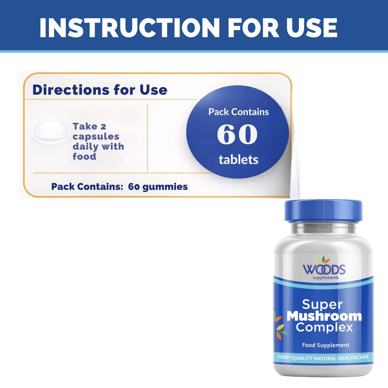 Woods Supplements - Super Mushroom Complex 60x Vegan Capsules of High Strength Lions Mane, Maitake, Reishi, Shiitake, Cordyceps & Chaga MushroomExtract Supplement 60