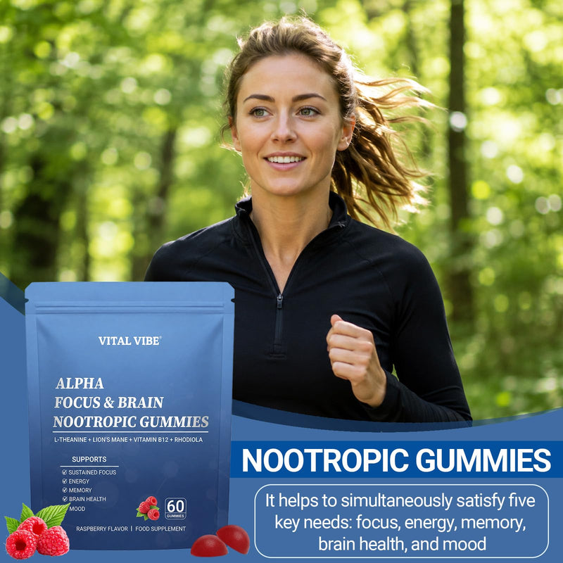 Nootropic Brain Supplement for Memory and Focus, Advanced Alpha Focus & Brain Nootropic 60 Gummies - for Energy & Mental Performance, L-Theanine, Lion's Mane(Fruiting Body), Vitamin B12, Rhodiola