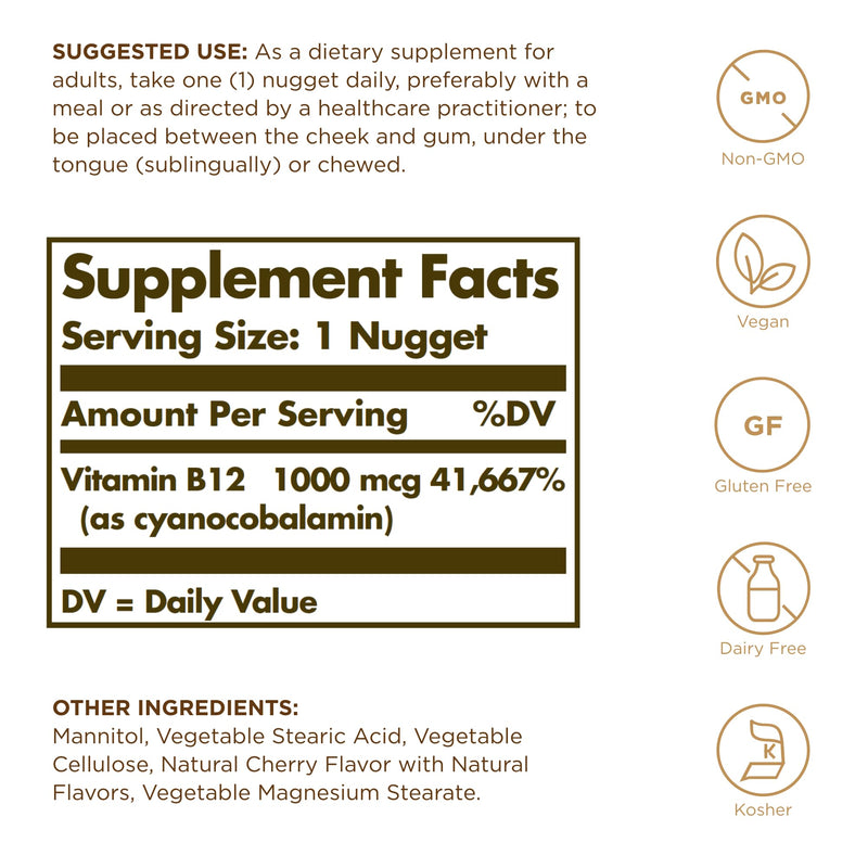 Solgar Sublingual Vitamin B12 1000 mcg - 250 Nuggets, Pack of 2 - Non-GMO, Vegan, Gluten Free, Dairy Free, Kosher - 500 Total Servings 250 Count (Pack of 2)