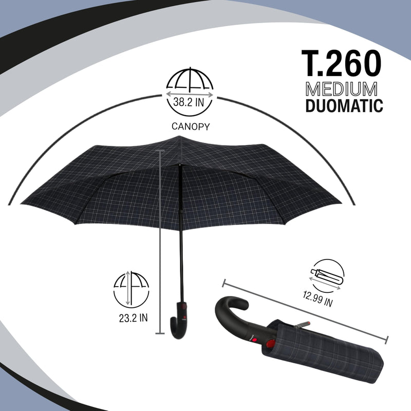 Knirps T.260 Medium Automatic Open Close Rain Umbrella with Curved Handle and Carrying Case - Compact Windproof Travel Umbrellas for Adults, 97cm Diamteter Men's Check