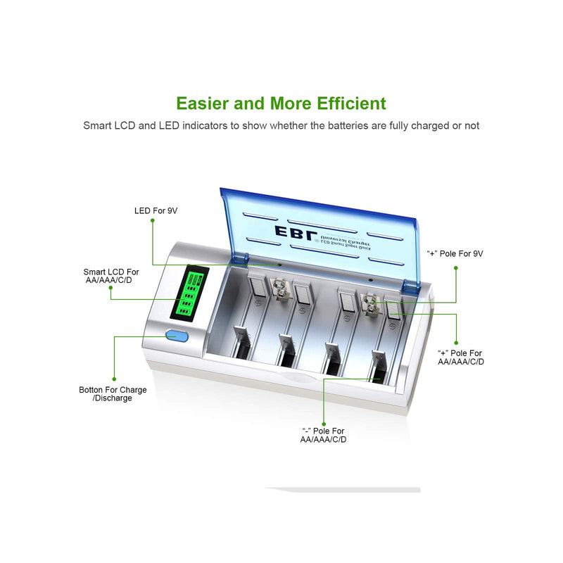 EBL 906 Smart Charger for AA AAA C D 9V Rechargeable Batteries with 4 Pieces 5000mAh C Rechargeable Batteries