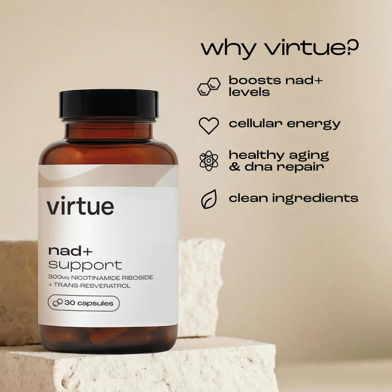 Virtue NAD+ | NAD Supplement for Healthy Aging & Cellular Energy | 300mg Nicotinamide Riboside (NR) + Trans-Resveratrol | 30 Vegan Capsules