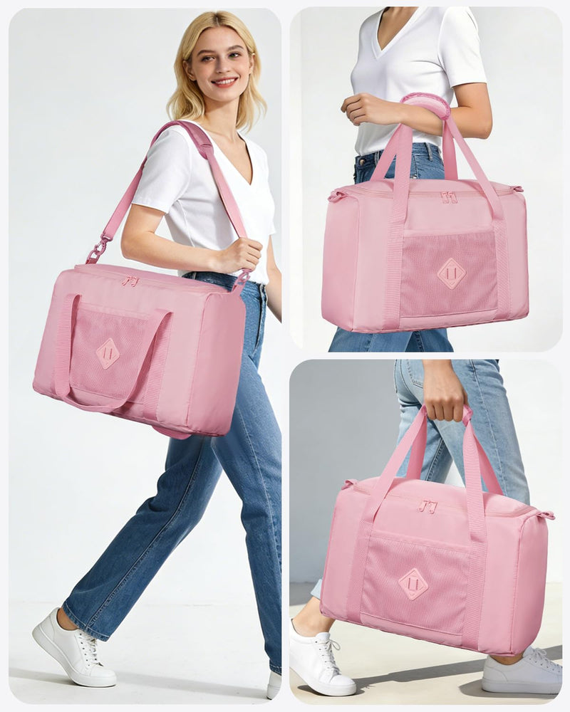 WANDF Personal Item Travel Bag 18x14x8, Carry On Duffle Bag for Women | Frontier Underseat Fit, Weekend Overnight Trips, Wet Pockets, Lightweight Flight Essentials A-Pink