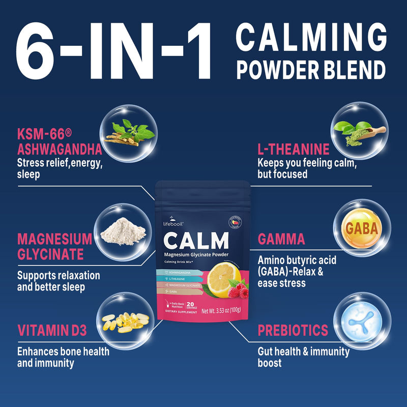 Calm Magnesium Powder, Sugar-Free, 20 Servings | With Magnesium Glycinate, Ashwagandha, Prebiotics, GABA, Vitamin D, L-Theanine, Support for Sleep, Stress & Relaxation
