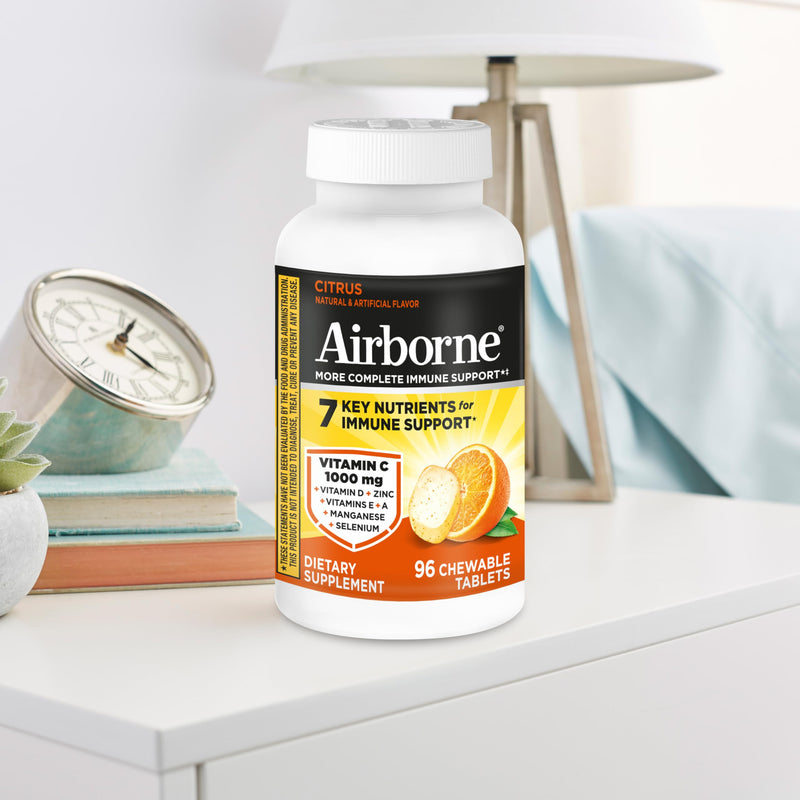 Airborne Vitamin C 1000mg (per Serving) - Citrus Chewable Tablets (96 Count in a Box) - Packaging May Vary | Antioxidants Vitamins A, D & E + Zinc, Selenium, and Manganese, Herbal Blend, Multivitamin Supplements, Immune Health, Tasty 96 Count (Pack of 1)