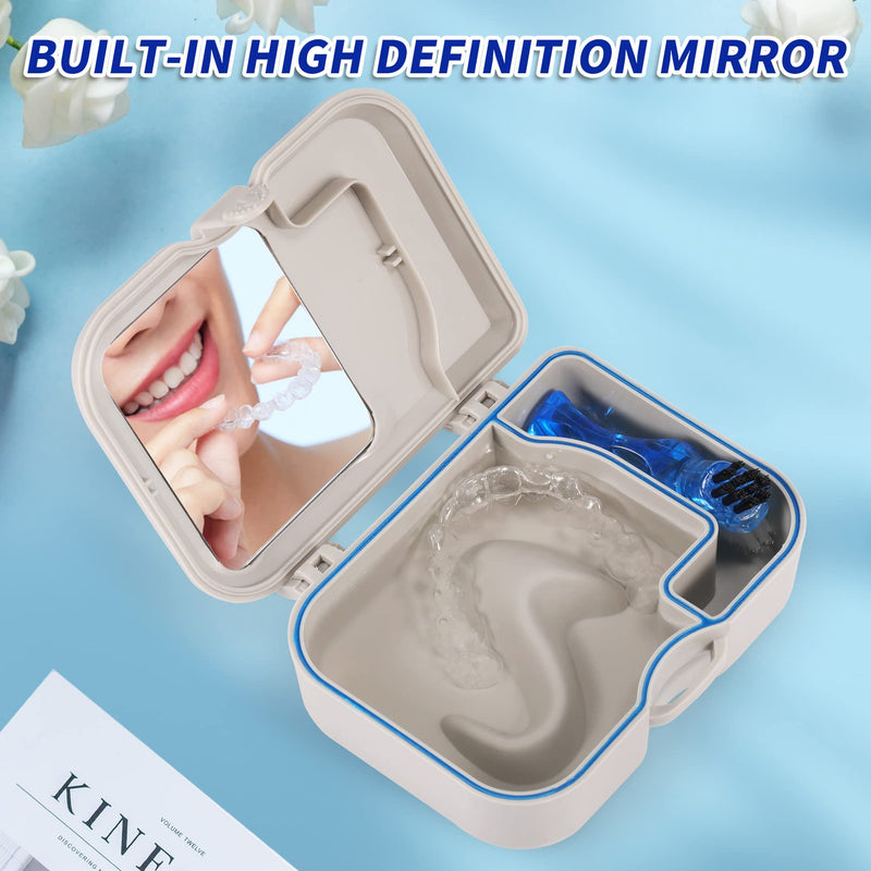 [Australia] - Annhua Denture Cup Bath Box Case with Mirror and Cleaning Brush, Denture Container with Brush Retainer Cleaning Case Mouth Guard Storage Soaking Cup Holder for Travel, Office, Household Use 