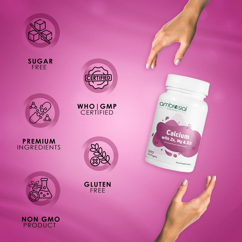Ambrosial Calcium Magnesium Zinc + D3 – 4-in-1 Mineral Complex with Calcium Citrate – High Strength Daily Formula – 120 Softgel Capsules – Non-GMO, Gluten-Free, GMP Certified 120 count (Pack of 1)