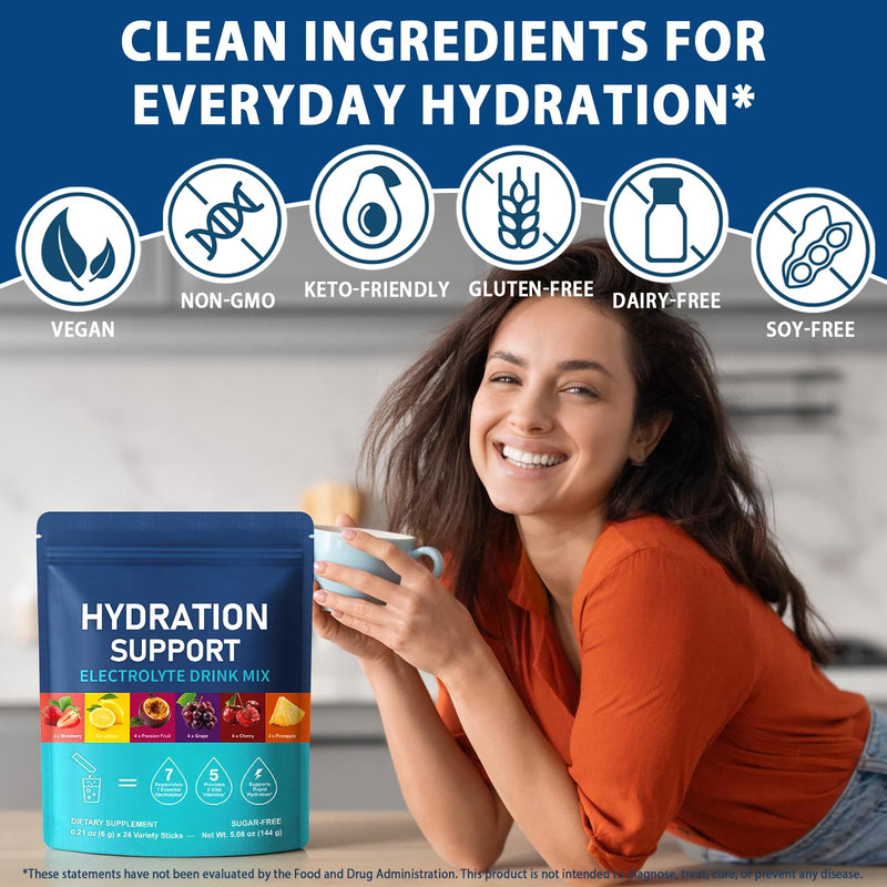 Hydration Support Electrolyte Powder – 24 Variety Sticks – 7 Essential Electrolytes & 5 Vital Vitamins – Sugar-Free & Low Calorie – Supports Energy & Reduces Tiredness