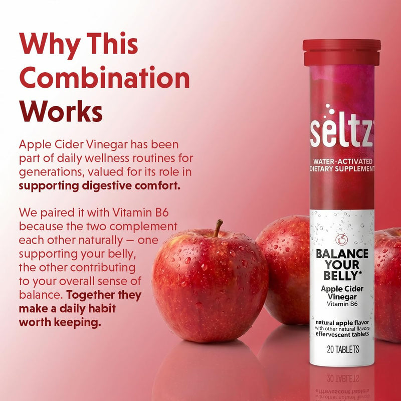 Seltz Apple Cider Vinegar Drink Tablets, Effervescent ACV with Vitamin B6 | Digestive Health, Blood Sugar and Gut Support, Drop Fizz and Drink, Refreshing and Supports Hydration, 120 Tablets 6 Pack 120 tablet (Pack of 6)