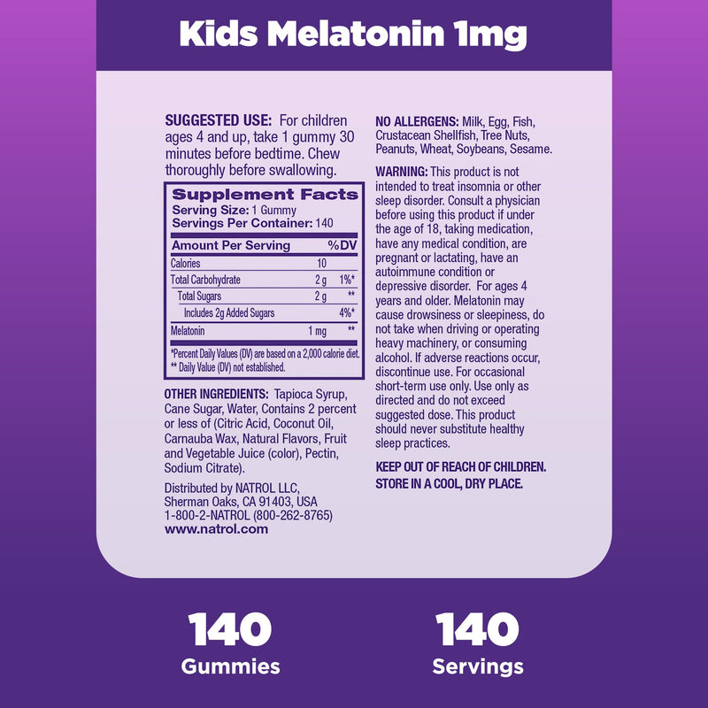 Natrol Kids Melatonin 1mg, Supplement for Restful Sleep, Sleep Gummies for Children, 140 Raspberry-Flavored Melatonin Gummies, 140 Day Supply Berry 140 Count (Pack of 1)