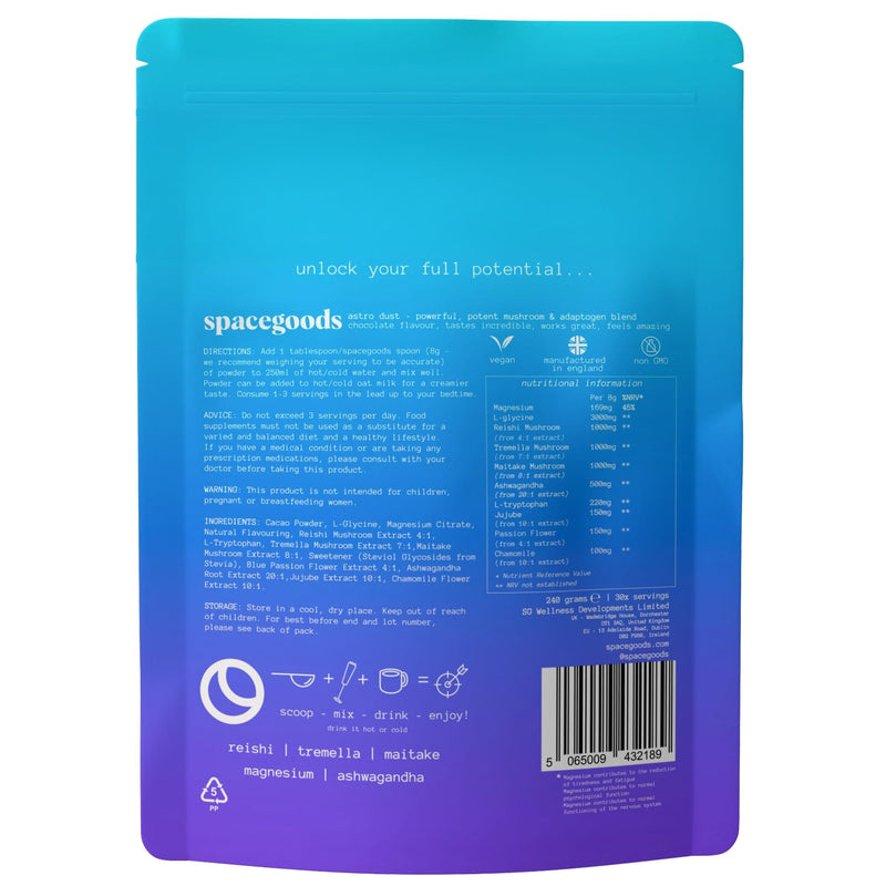 Spacegoods Astro Dust 240g ℮, 30 Servings, Contains Magnesium and Ashwagandha, Relax Unwind & Sleep Deeply, Soothe Body & Mind, Chocolate Flavour 240 g (Pack of 1)