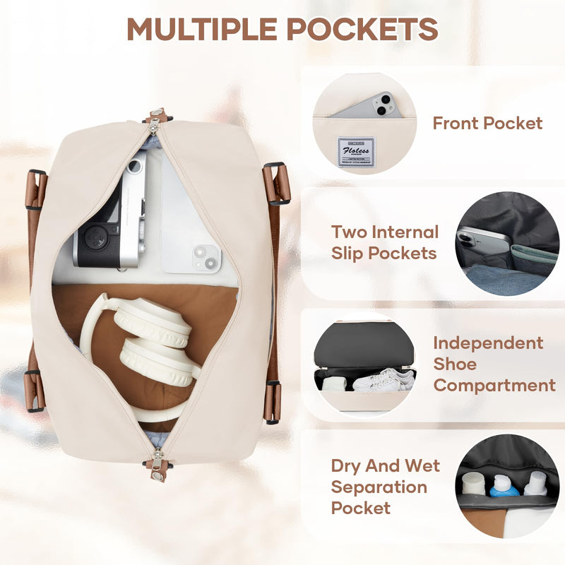 Travel Duffel Bag 18x14x8 Inches Carry On Bag for Airplanes Weekender Overnight Bag for Women with Trolley Sleeve Travel Bag Spirit with Shoes Compartment Sport Tote Gym Bag BeigeBrown