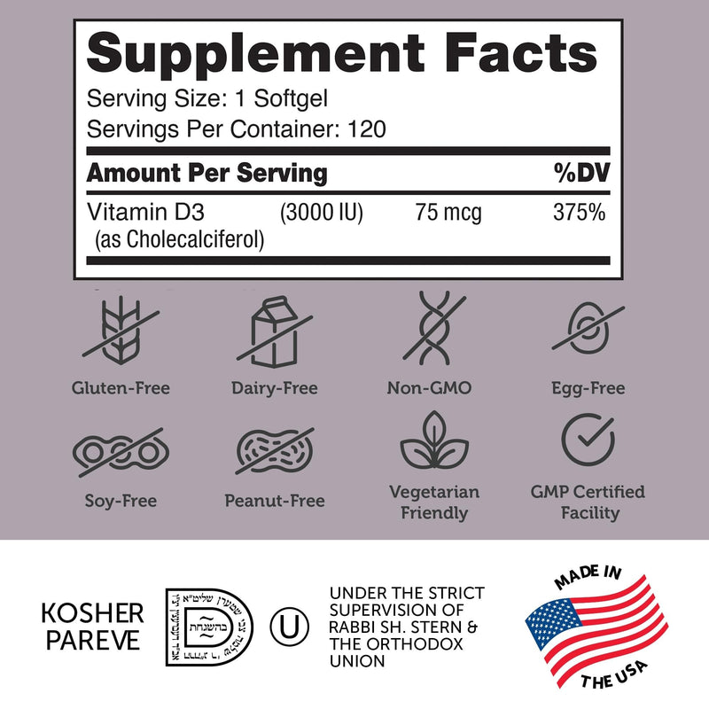 Zahler - Advanced Vitamin D3 3000 IU Softgels (120 Count) Kosher Vegetarian Friendly Vitamin D for Immune Support, Bone, Teeth & Muscle Health - Daily D3 Vitamin Supplement for Adults - Easy Swallow. Unflavored 120 Count (Pack of 1)