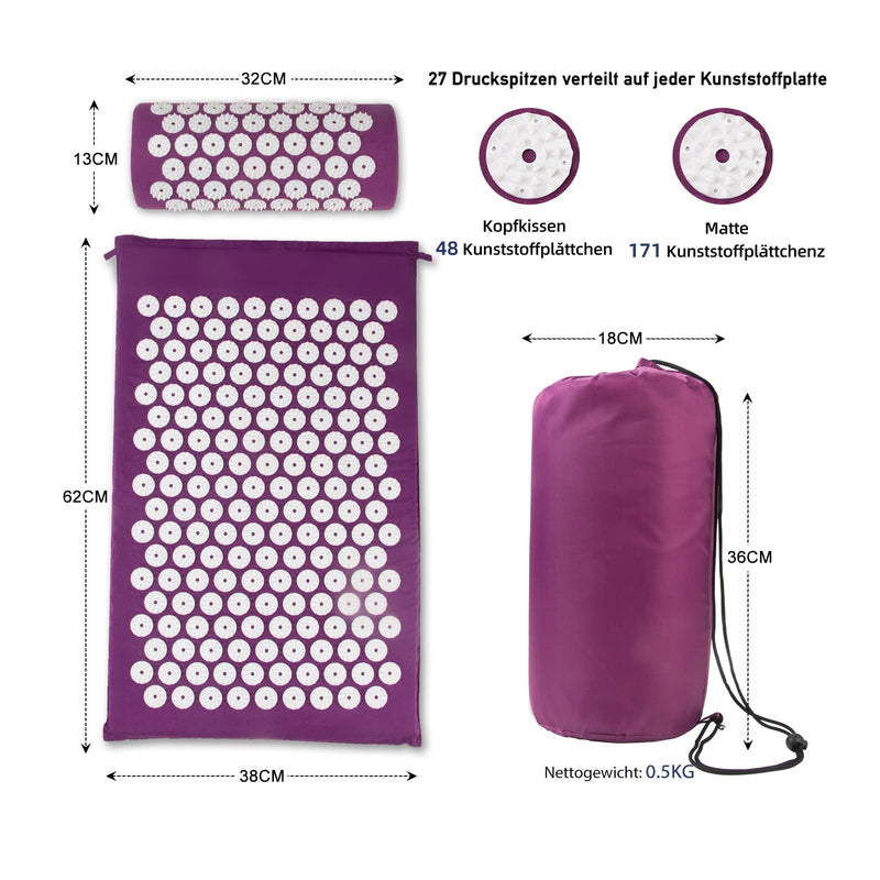[Australia] - Acupressure mat acupressure set acupressure mat with pillow nail mat flower field mat needle mat/needle stimulation mat needle board yantra mat prana mat acupuncture mat, purple L pruple 