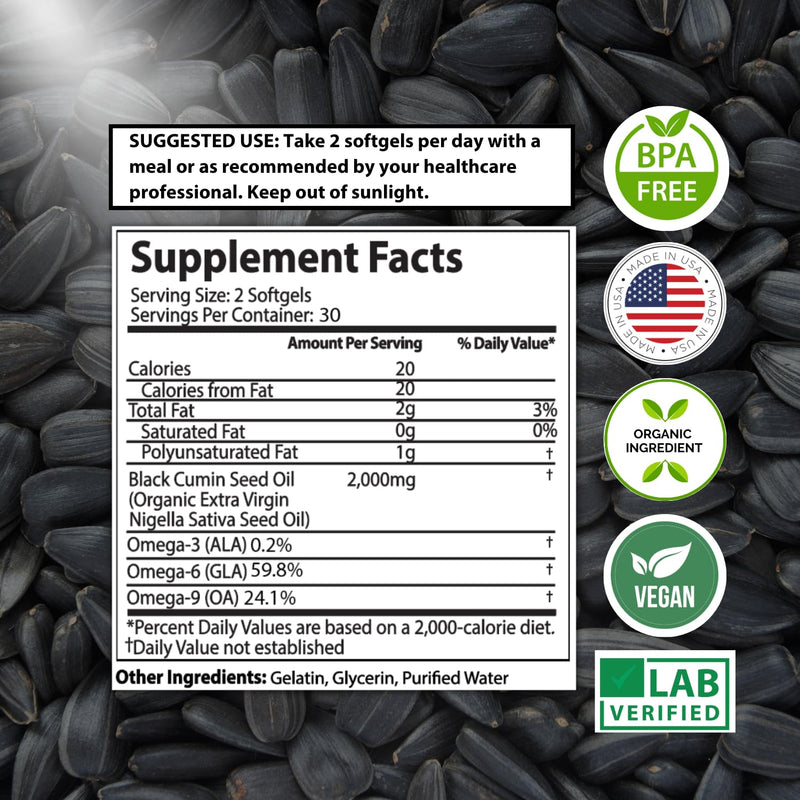 [Australia] - Organic Black Seed Oil 2000mg - 60 Softgel Capsules (Non-GMO) Premium Cold-Pressed Nigella Sativa - Black Cumin Seed Oil with Omega 3, 6, 9 - Darkest, Highest TQ Content… 
